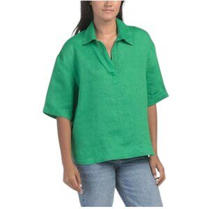 MAGASCHONI Linen Collared Split Neck Top With Curved Hem